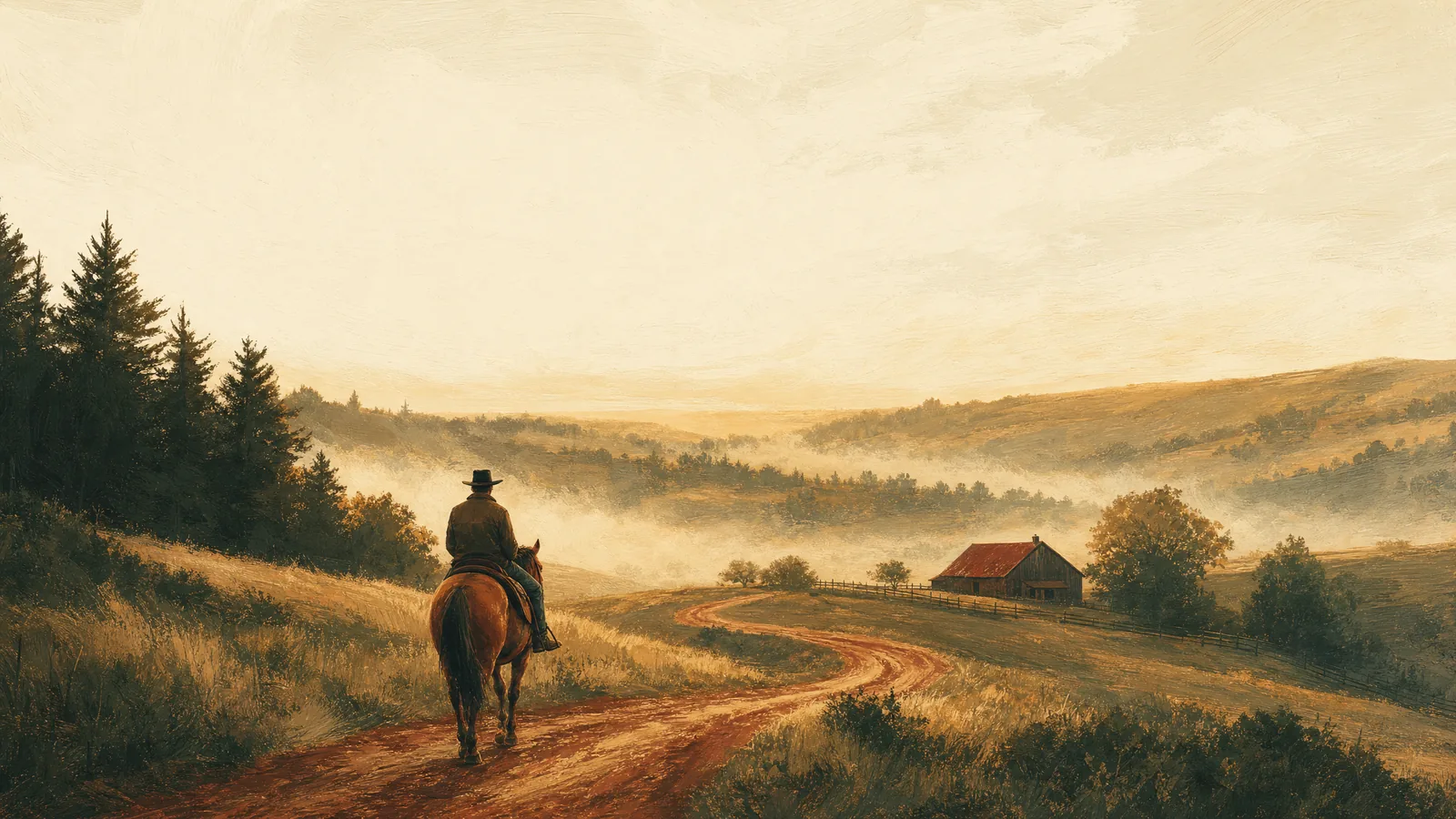 Painterly illustration of a rider on horseback following a winding trail home to a barn at dusk.
