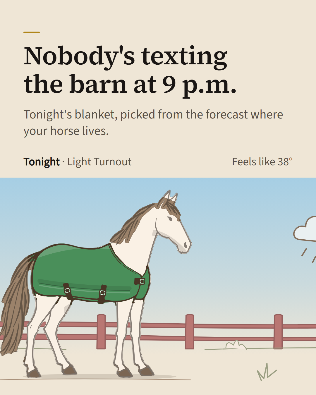 The pasture in the rain, with the line Nobody's texting the barn at 9 p.m.