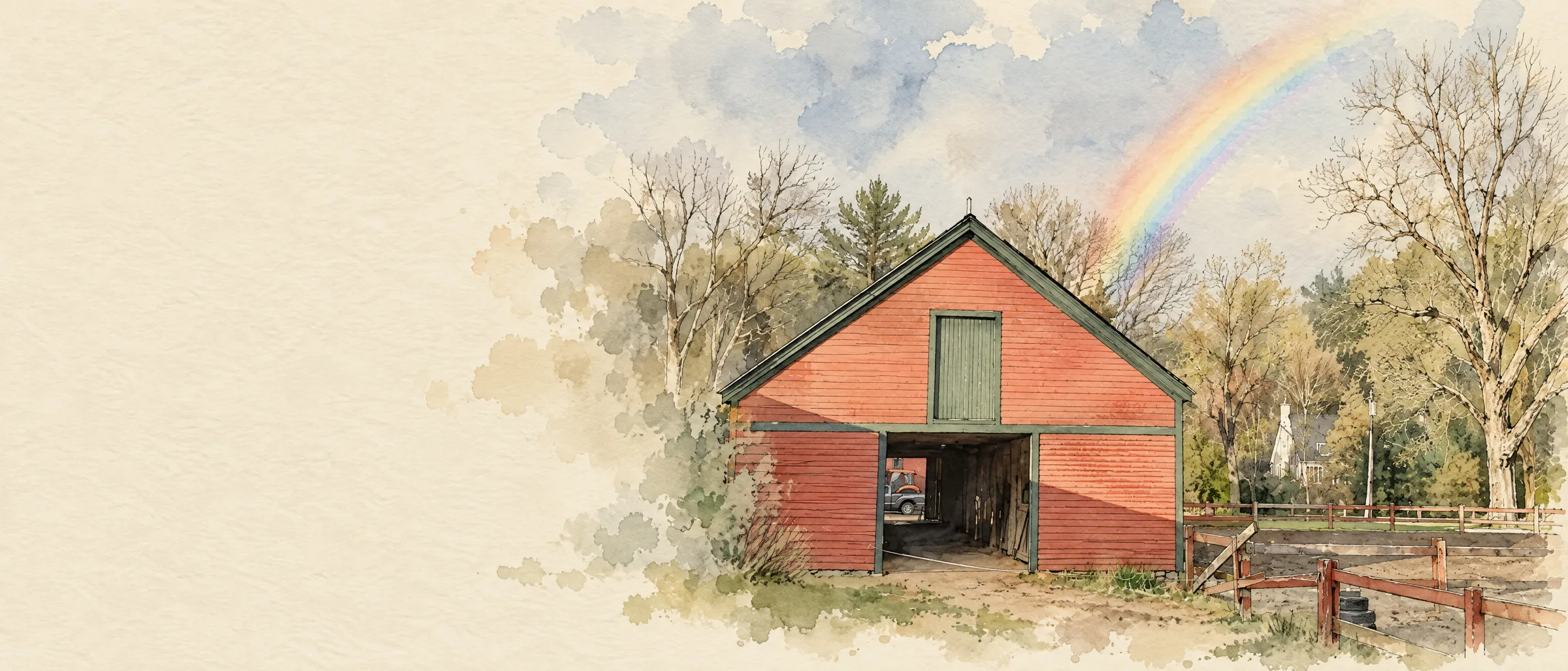 The red barn after a storm, a rainbow over its roof, in watercolour.