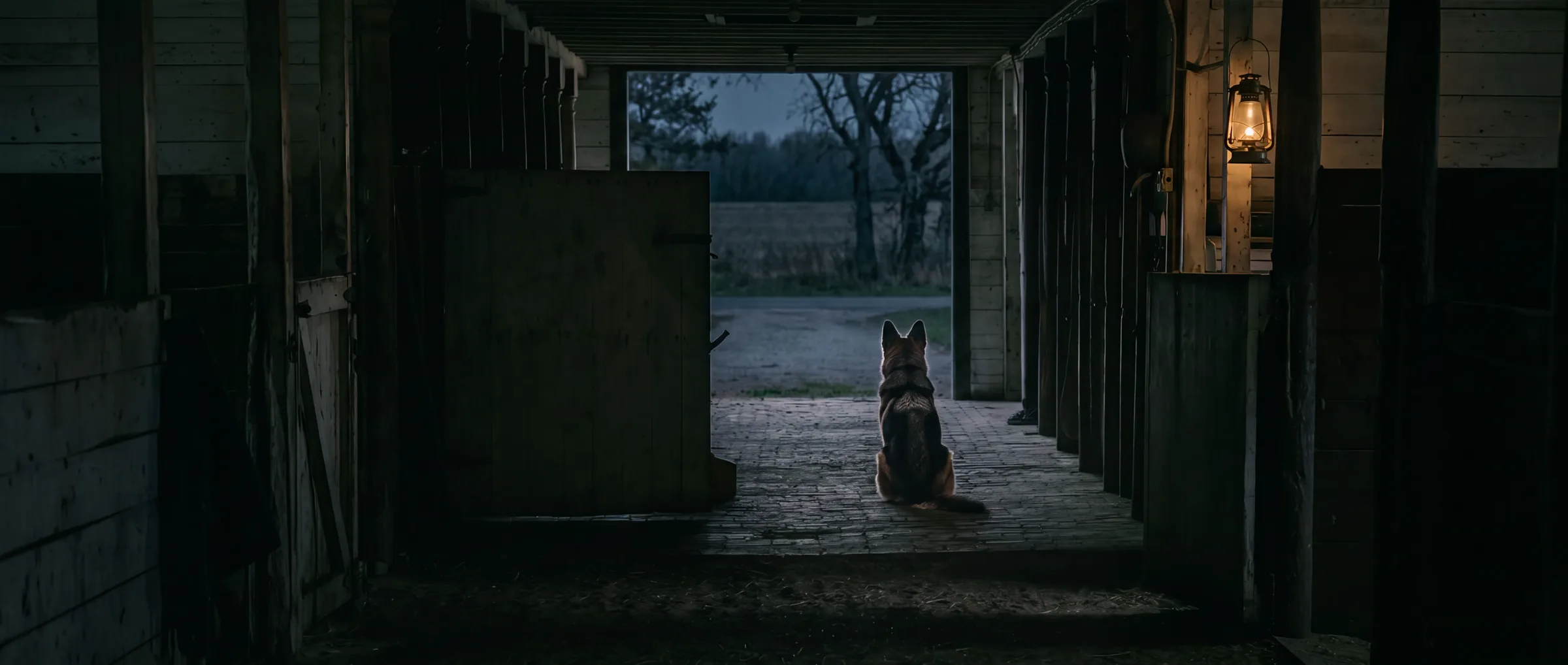 The barn aisle at dusk; the dog sits in the open doorway, waiting.