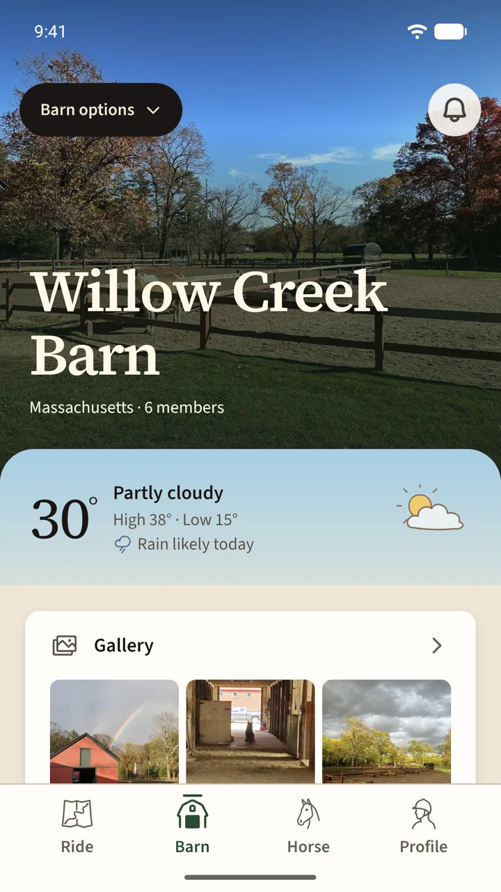 The barn home: Willow Creek Barn's photo, today's weather at the barn, and the gallery.