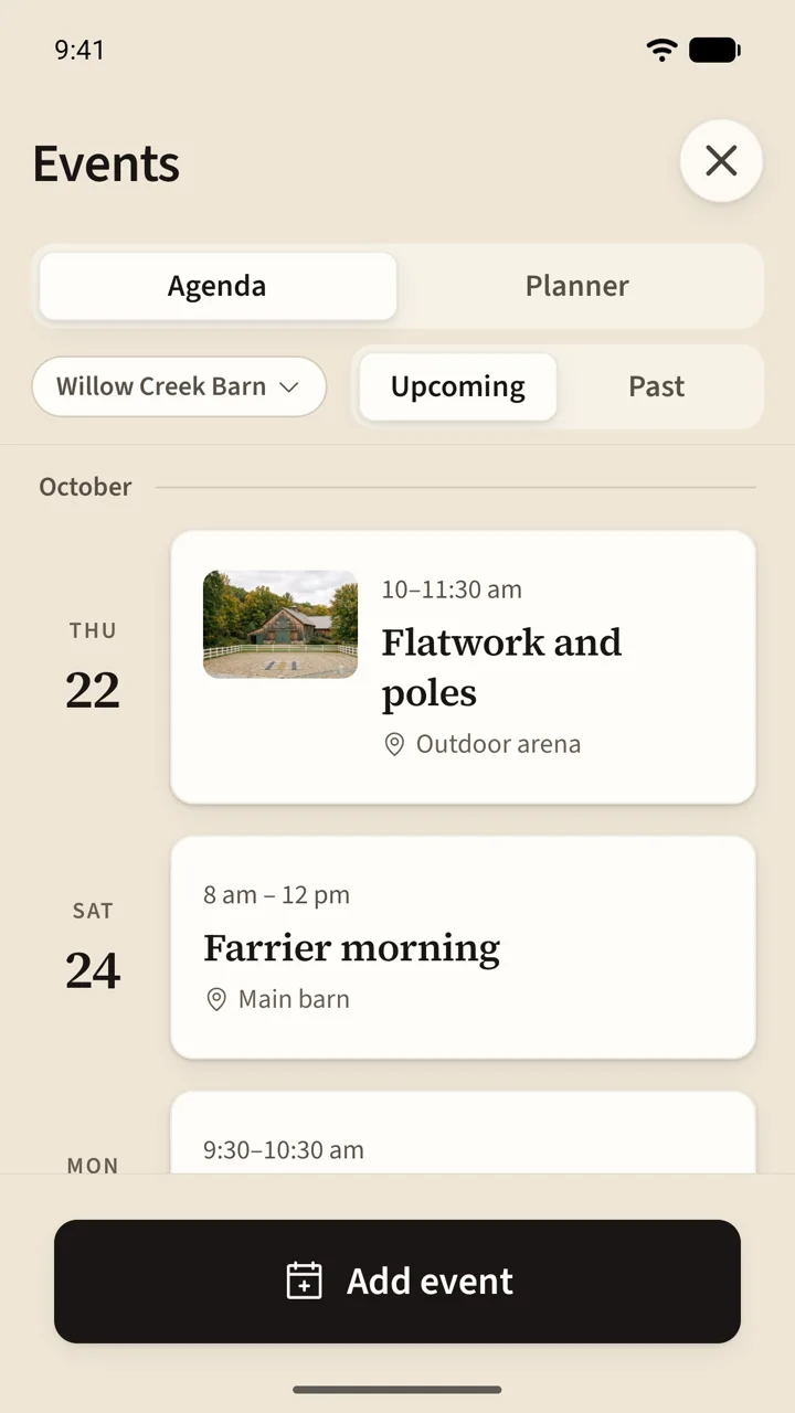 The barn's events, listed by day.