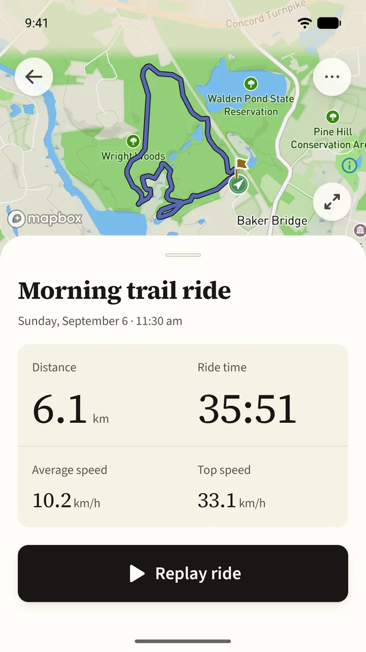 A ride record: the route on the map, distance, ride time and speeds.